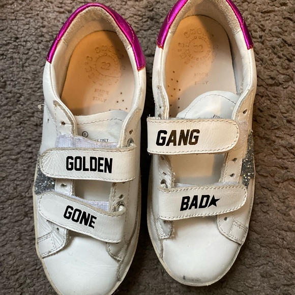 White and pink glitter golden goose sneakers